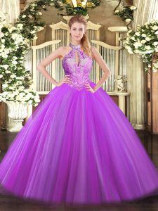 Pretty Purple Quinceanera Dress Military Ball and Sweet 16 and Quinceanera with Sequins Halter Top Sleeveless Lace Up