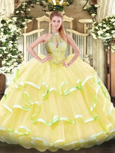 Deluxe Floor Length Lace Up Vestidos de Quinceanera Yellow for Military Ball and Sweet 16 and Quinceanera with Beading a
