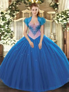 Tulle Sweetheart Sleeveless Lace Up Beading Ball Gown Prom Dress in Blue