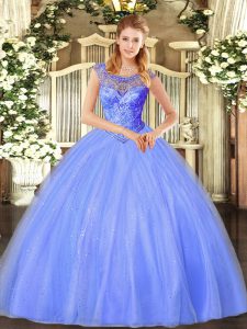Fashion Blue Lace Up Ball Gown Prom Dress Beading Sleeveless Floor Length