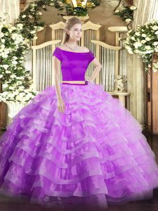 Low Price Lilac Tulle Zipper Sweet 16 Quinceanera Dress Short Sleeves Floor Length Appliques and Ruffled Layers
