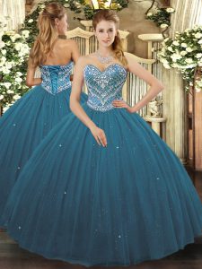 Teal Ball Gowns Beading Sweet 16 Quinceanera Dress Lace Up Tulle Sleeveless Floor Length
