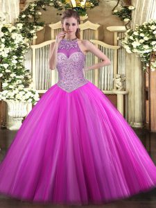 Floor Length Fuchsia Sweet 16 Quinceanera Dress Halter Top Sleeveless Lace Up