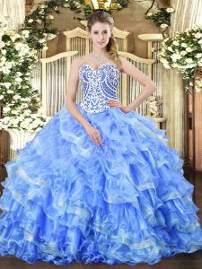 Blue Sleeveless Floor Length Beading and Ruffled Layers Lace Up 15 Quinceanera Dress