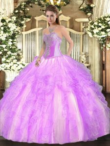 Sexy Tulle Sweetheart Sleeveless Lace Up Beading and Ruffles 15th Birthday Dress in Lilac