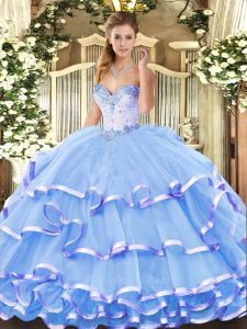 On Sale Organza Sweetheart Sleeveless Lace Up Beading and Ruffled Layers Ball Gown Prom Dress in Blue