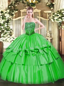Deluxe Floor Length Green 15th Birthday Dress Organza and Taffeta Sleeveless Beading and Ruffled Layers