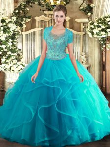 Scoop Sleeveless Quince Ball Gowns Floor Length Beading and Ruffled Layers Aqua Blue Tulle