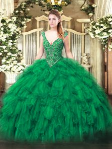 Floor Length Lace Up Quince Ball Gowns Green for Military Ball and Sweet 16 and Quinceanera with Beading and Ruffles