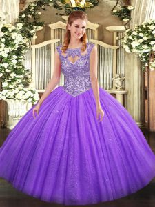 Tulle Scoop Sleeveless Lace Up Beading Vestidos de Quinceanera in Lavender