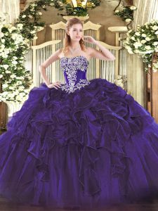 Free and Easy Floor Length Purple 15 Quinceanera Dress Organza Sleeveless Beading and Ruffles