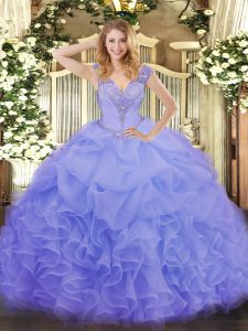 Exceptional Lavender Ball Gown Prom Dress Military Ball and Sweet 16 and Quinceanera with Ruffles V-neck Sleeveless Lace