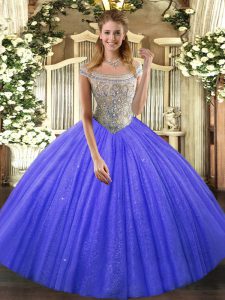 Sleeveless Tulle and Sequined Floor Length Lace Up 15 Quinceanera Dress in Blue with Beading