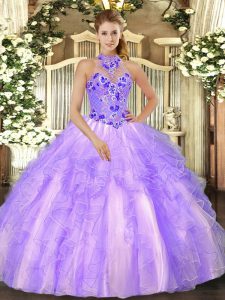 Halter Top Sleeveless Lace Up Quinceanera Gown Lavender Organza
