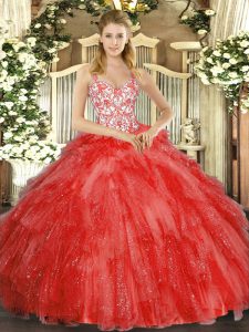 Coral Red Sleeveless Floor Length Beading and Ruffles Lace Up Quinceanera Gowns