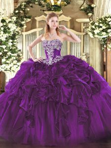 Dark Purple Ball Gowns Beading and Ruffles 15th Birthday Dress Lace Up Organza Sleeveless Floor Length