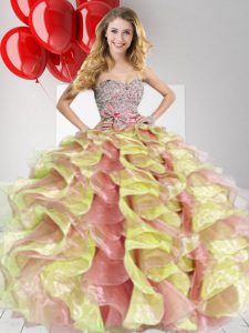 Modern Multi-color Ball Gowns Organza Sweetheart Sleeveless Beading and Ruffles and Bowknot Floor Length Zipper Sweet 16