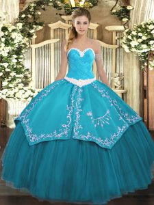 Vintage Teal Sleeveless Appliques and Embroidery Floor Length Ball Gown Prom Dress