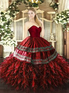 Classical Sweetheart Sleeveless Quinceanera Dresses Floor Length Embroidery and Ruffles Wine Red Organza and Taffeta