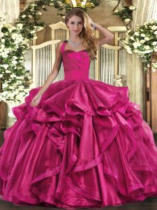 High Class Fuchsia Ball Gowns Ruffles Quinceanera Dresses Lace Up Organza Sleeveless Floor Length