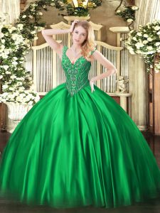 Cute Green V-neck Neckline Beading Sweet 16 Dresses Sleeveless Lace Up