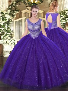 Most Popular Floor Length Purple 15th Birthday Dress Tulle and Sequined Sleeveless Beading