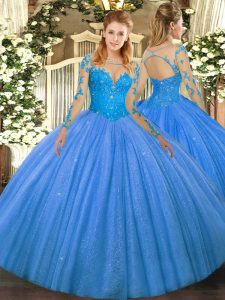 Simple Tulle Long Sleeves Floor Length Quinceanera Dresses and Lace