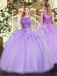 Lavender Organza Lace Up Vestidos de Quinceanera Sleeveless Floor Length Beading