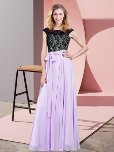 Deluxe Chiffon Scoop Sleeveless Lace Up Lace and Belt Evening Dress in Lavender