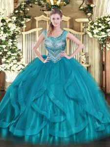 Glorious Floor Length Ball Gowns Sleeveless Teal Quinceanera Gowns Lace Up