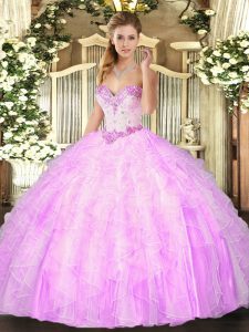 Most Popular Lilac Lace Up Vestidos de Quinceanera Beading and Ruffles Sleeveless Floor Length