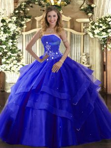 Royal Blue Tulle Lace Up Strapless Sleeveless Floor Length Quinceanera Gowns Beading and Ruffled Layers