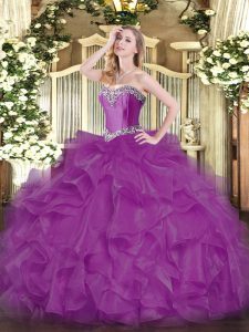 Fuchsia Lace Up Sweet 16 Quinceanera Dress Beading and Ruffles Sleeveless Floor Length