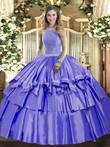 Graceful Organza and Taffeta High-neck Sleeveless Lace Up Beading and Ruffled Layers Quinceanera Dress in Lavender
