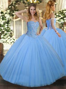 Aqua Blue Sleeveless Floor Length Beading Lace Up 15th Birthday Dress