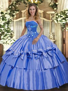 Elegant Blue Sleeveless Beading and Ruffled Layers Floor Length 15th Birthday Dress