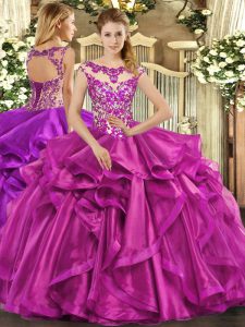Fabulous Fuchsia Ball Gowns Beading and Appliques and Ruffles Vestidos de Quinceanera Lace Up Organza Sleeveless Floor L