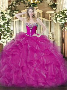 Cute Fuchsia Ball Gowns Organza Sweetheart Sleeveless Beading and Ruffles Floor Length Lace Up 15 Quinceanera Dress