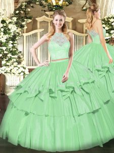 Shining Apple Green Sleeveless Floor Length Lace and Ruffled Layers Zipper Ball Gown Prom Dress