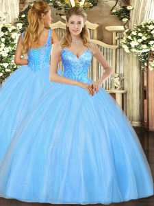 Aqua Blue Ball Gowns V-neck Sleeveless Tulle Floor Length Lace Up Beading Quinceanera Dress