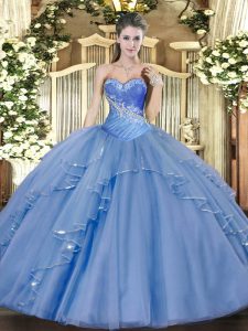 Classical Aqua Blue Ball Gowns Beading and Ruffles Quinceanera Gowns Lace Up Tulle Sleeveless Floor Length