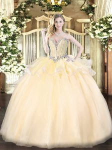 Champagne Lace Up Quinceanera Gowns Beading Sleeveless Floor Length