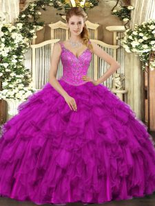 Fuchsia Organza Lace Up V-neck Sleeveless Floor Length Quinceanera Gown Beading and Ruffles