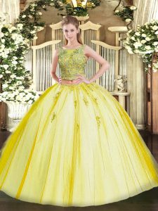 Best Selling Yellow Tulle Lace Up Scoop Sleeveless Floor Length Vestidos de Quinceanera Beading and Appliques