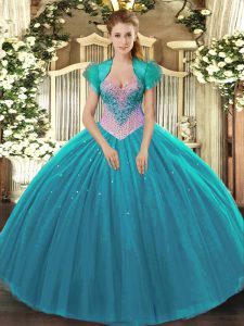 Amazing Aqua Blue Tulle Lace Up Sweet 16 Dress Sleeveless Floor Length Beading