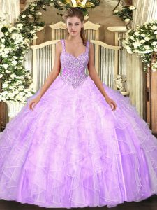 High End Lilac Lace Up Straps Beading and Ruffles Sweet 16 Dress Tulle Sleeveless