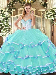 Popular Sleeveless Organza Floor Length Lace Up Sweet 16 Dresses in Turquoise with Beading and Ruffled Layers