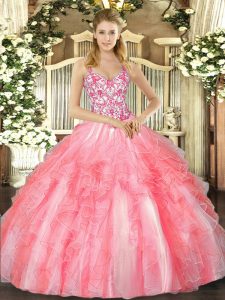 Fashionable Ball Gowns 15 Quinceanera Dress Coral Red Straps Tulle Sleeveless Floor Length Lace Up