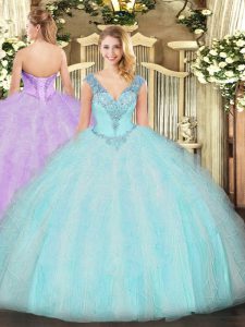 Aqua Blue Sleeveless Floor Length Ruffles Lace Up 15th Birthday Dress