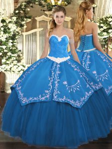 Captivating Blue Organza and Taffeta Lace Up Sweetheart Sleeveless Floor Length Ball Gown Prom Dress Appliques and Embro